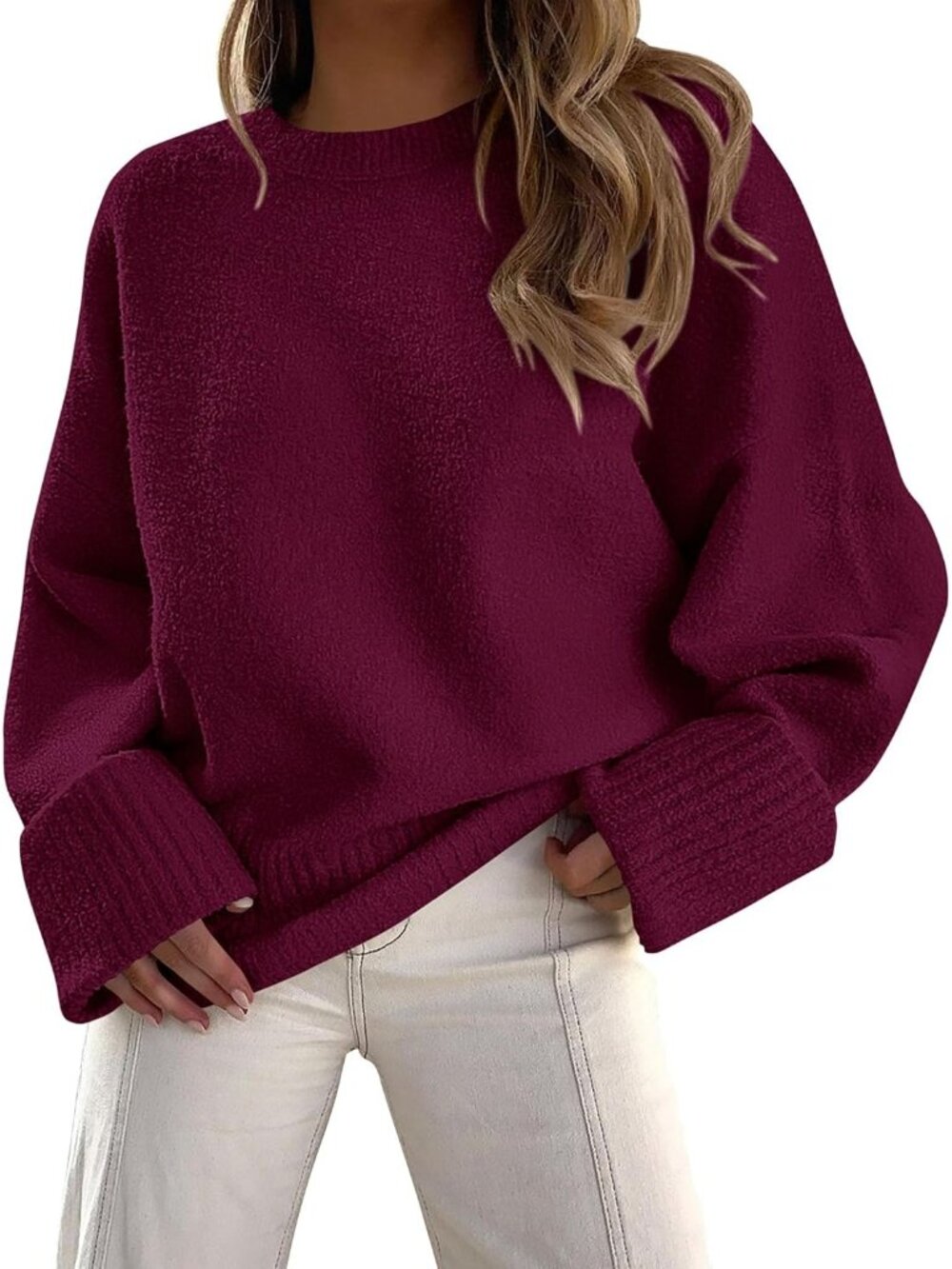 Women's Maroon Chunky Ribbed Knit Cozy Oversized Fuzzy Crewneck Cuff Sweater